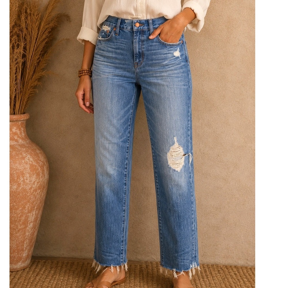 Madewell The Perfect Summer Jean 32 Medium Wash Distressed Raw Hem High Rise